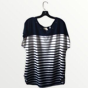 PerSeption Women White/Navy Cap Sleeve Blouse With Riveted Holes at Neckline